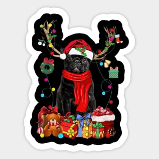 Black Pug Reindeer Xmas Lights Merry Christmas Sticker